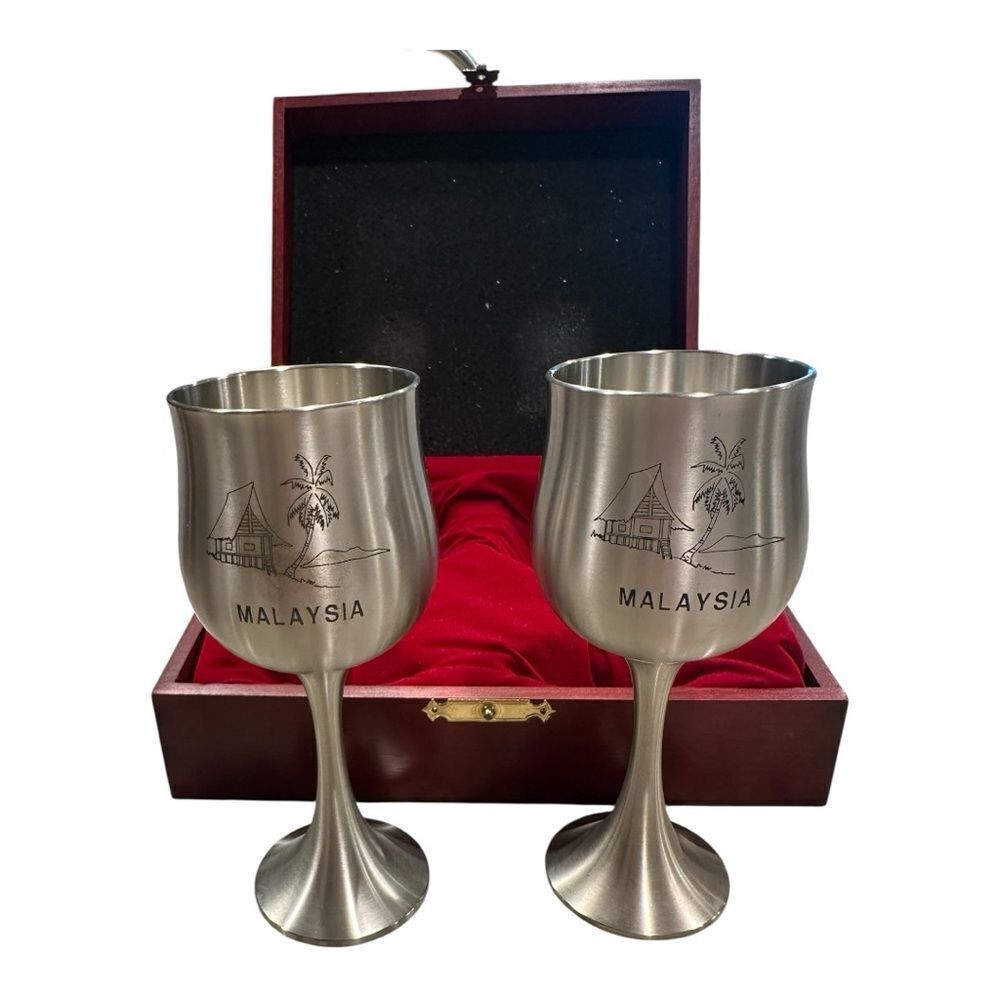 ROYAL SELANGOR Pewter 2 Wine Goblets with Wood Box tall Malaysia inscribed